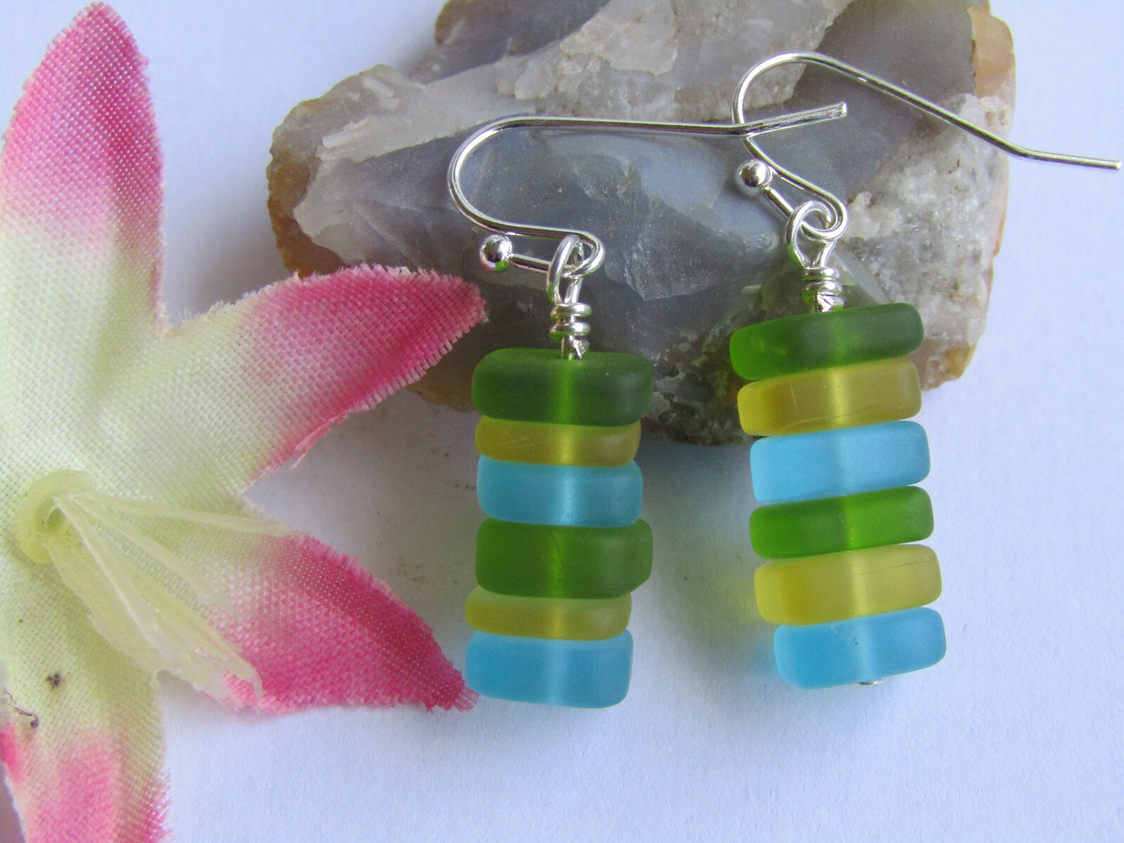 Stacked Green Blue Yellow SEA GLASS Earrings Silver, Artisan Handcrafted