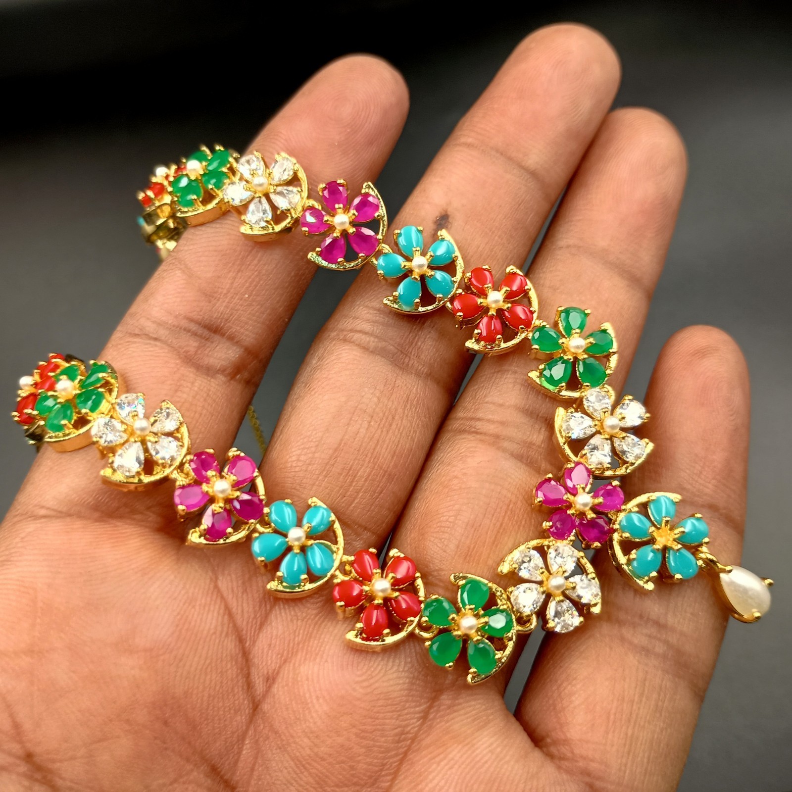 Navratan Multi Gemstone Flower Necklace Set 22K Yellow Gold Plated Bollywood Gif