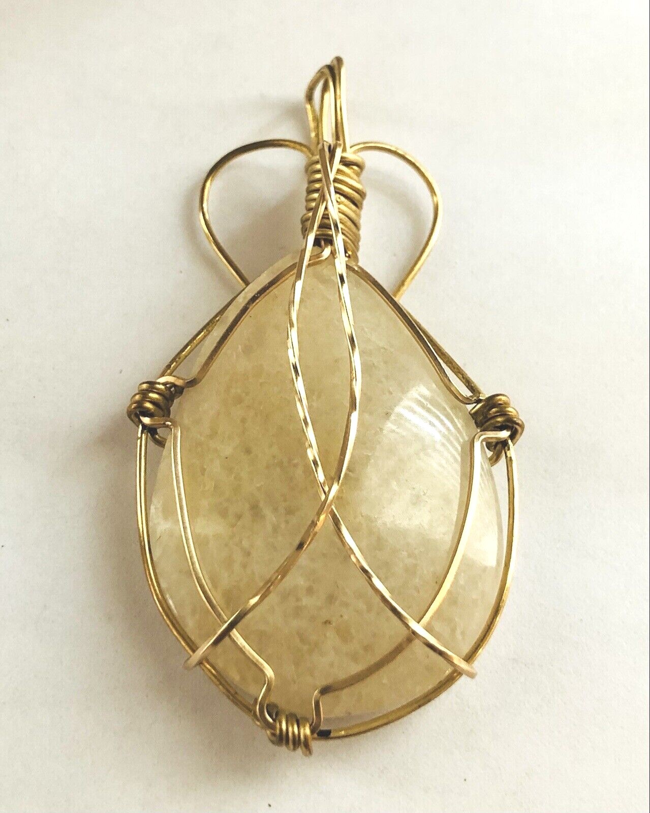 Beige Off White Big Quartz or Agate Gold Wire Wrapped Tear Drop Necklace Pendant