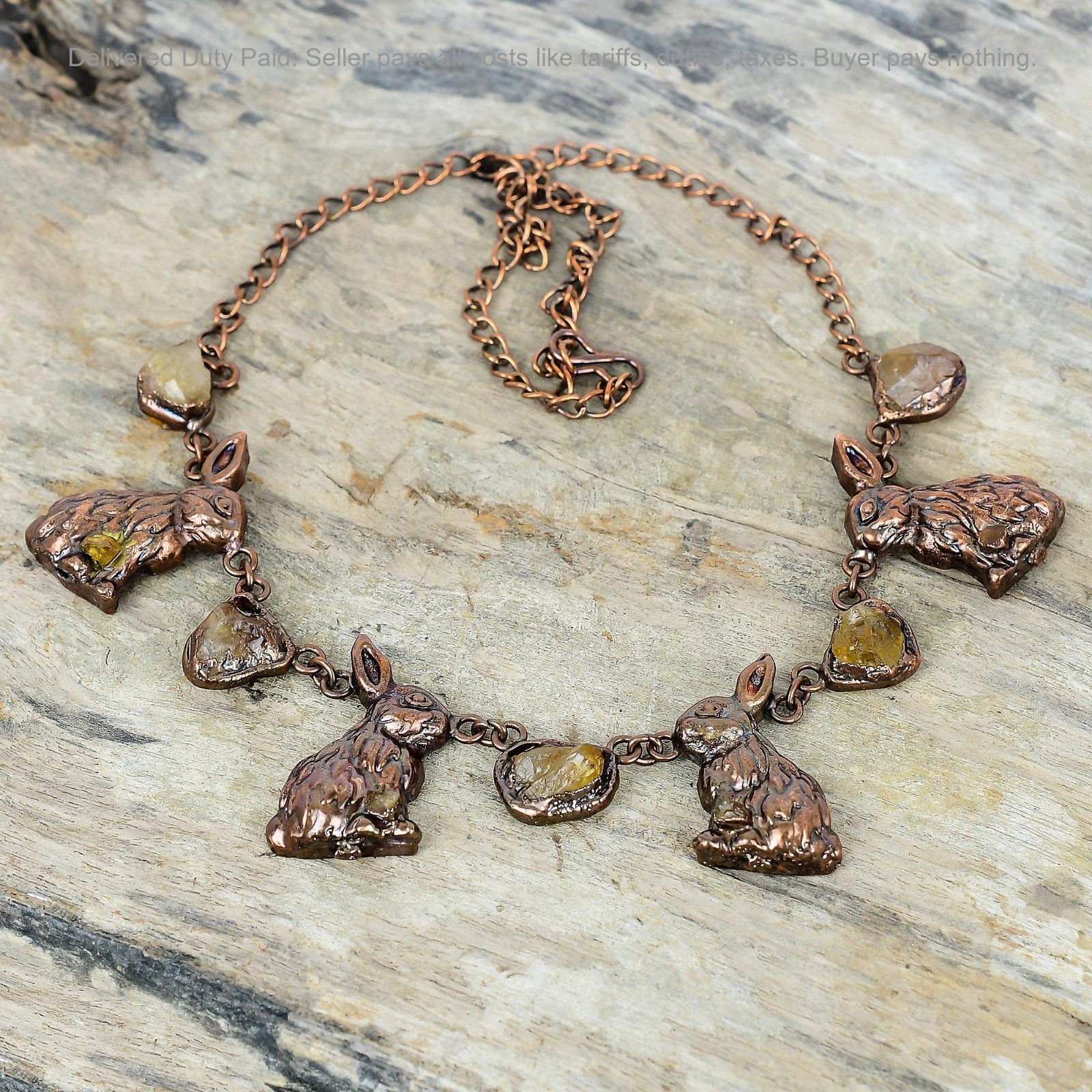 Citrine Rough Gemstone Chain Electroformed And Rabbit Necklace Jewelry Copper