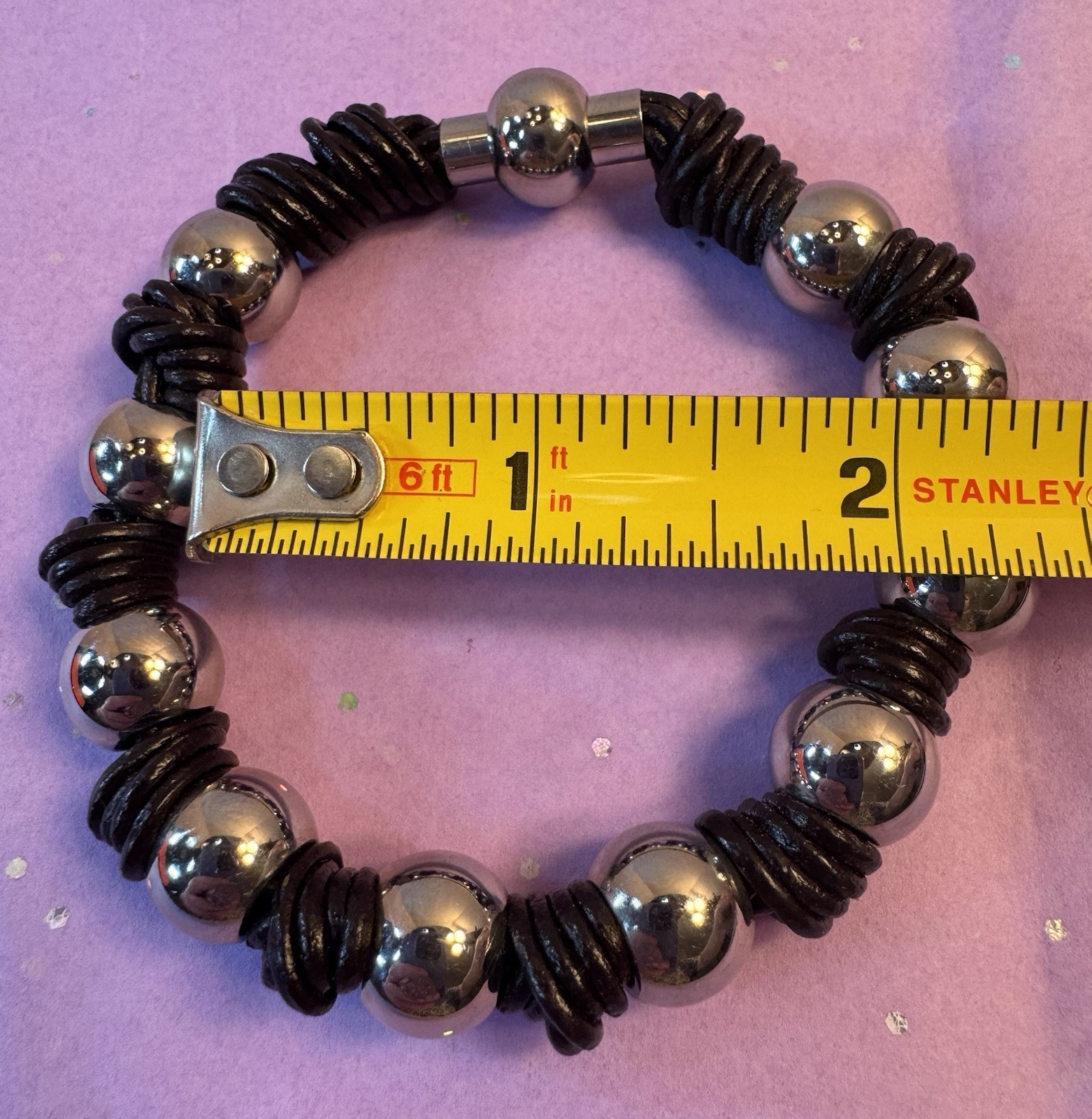 Cowhide Leather And Silver Tone Bracelet With Magnetic Closure
