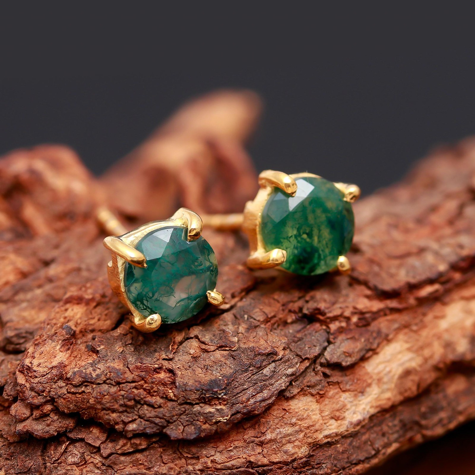 Natural Moss Agate Round Stud Earrings Gold Plated 925 Sterling Silver Jewelry