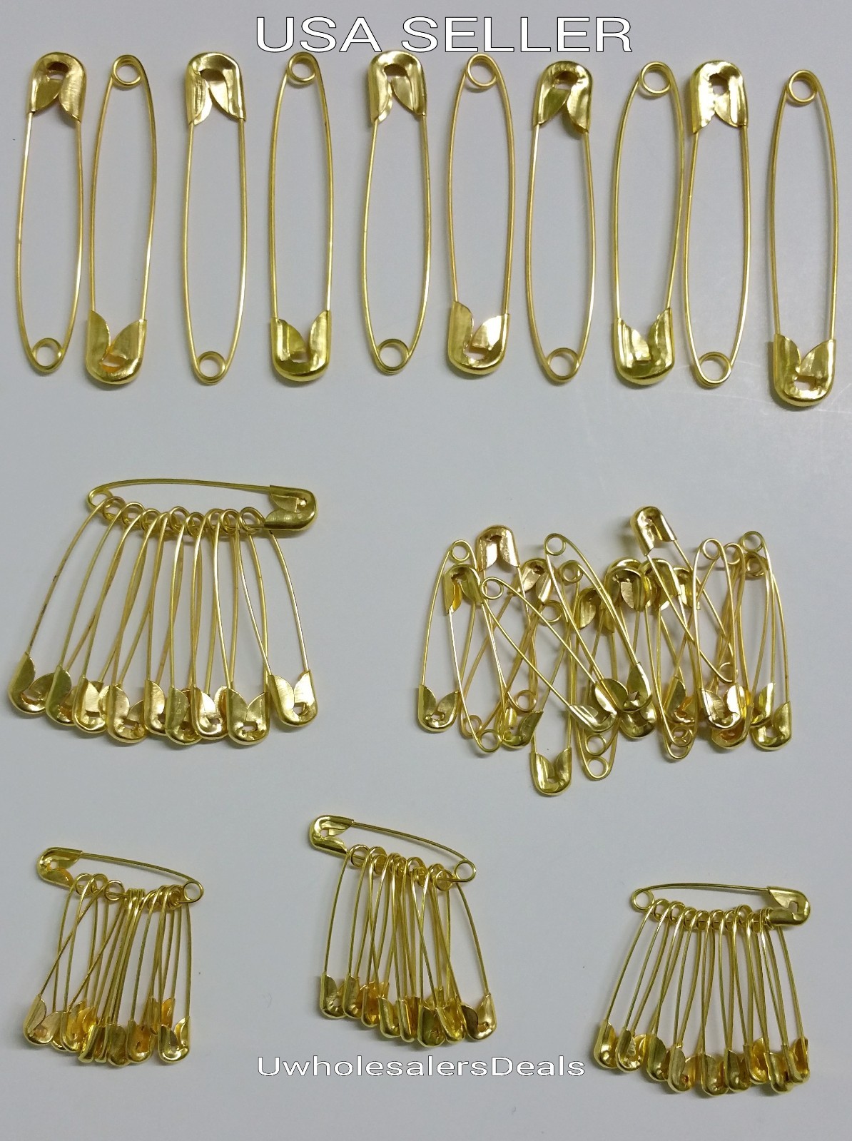 70 Safety Pins Gold Tone Assorted Sizes 2″, 1-1/2″. 1-1/4″, 1″ NEW in Pack