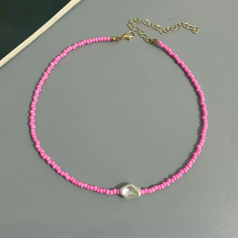 Fashion Boho Beads Necklace Women Imitation Pearl Seed Beaded Strand Short Choke