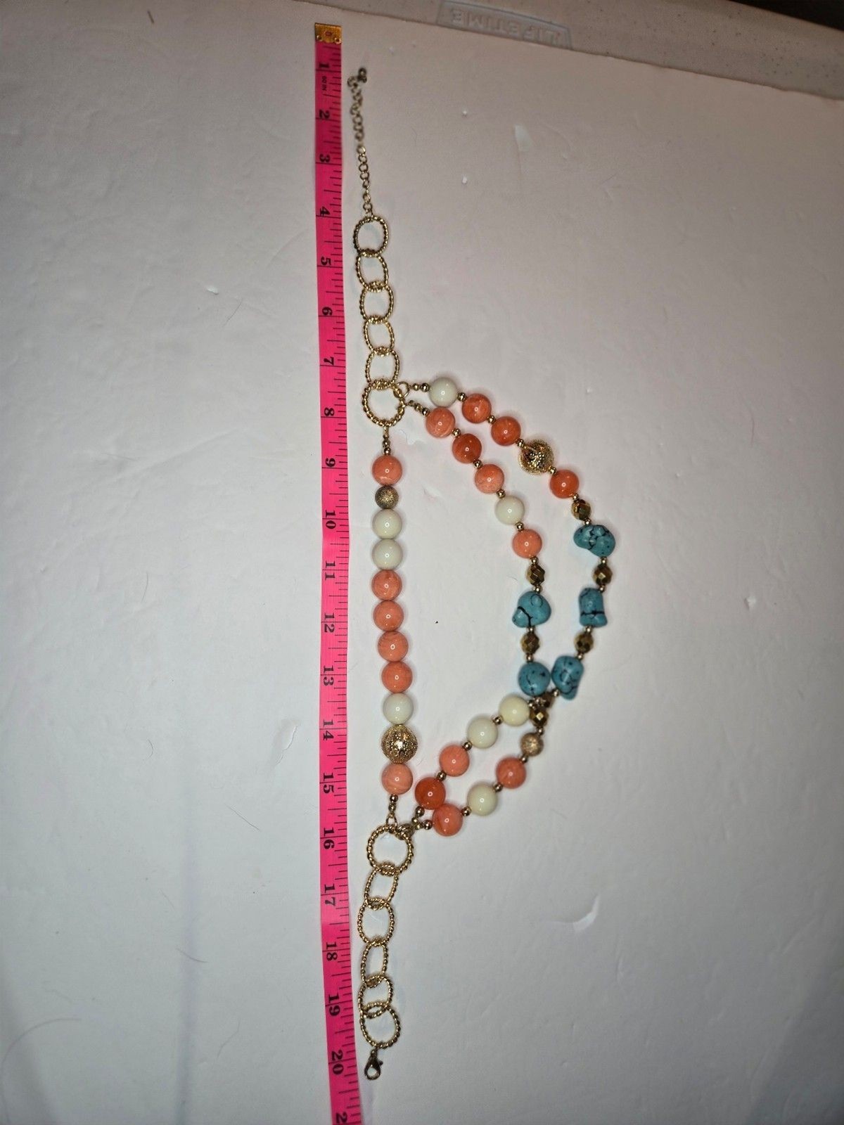 Gold Tone Layered Necklace with Pink White and Teal Beads Adjustable Length
