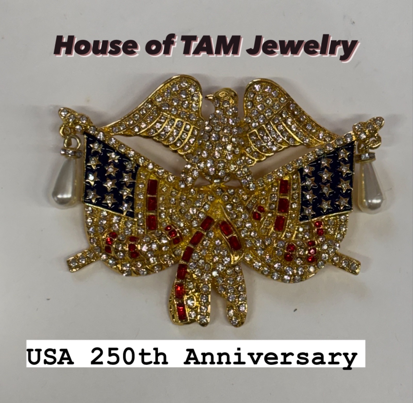 American Flag Eagle Red White Blue Rhinestones Pearls Brooch Gold Designer NEW