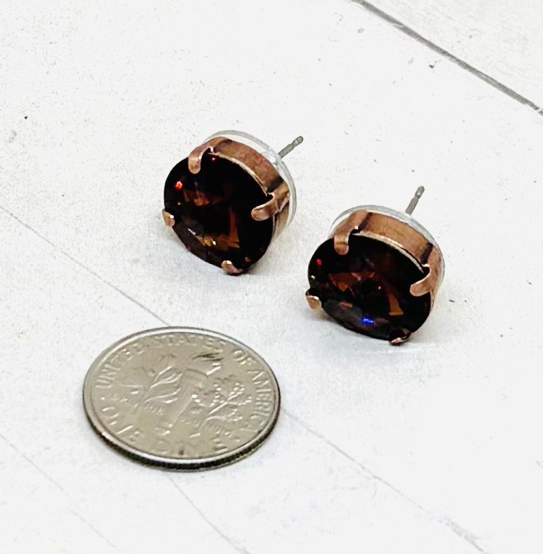 12mm Antique Copper Chocolate Brown Cup Chain Stud Earrings, Smoked Topaz Stones
