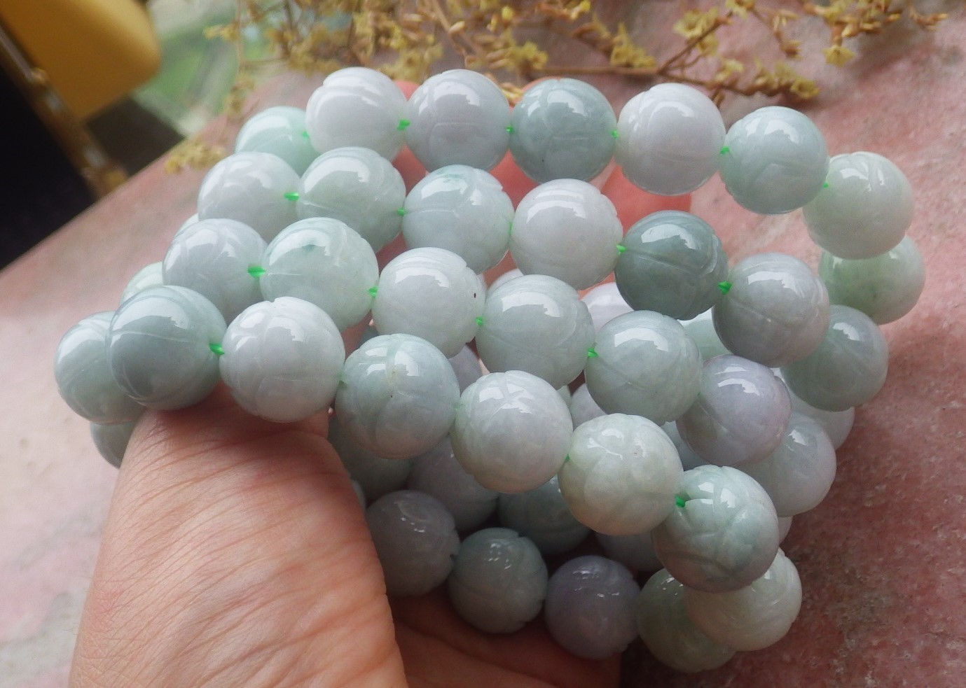 1 piece Green A JADE Jadeite Beads Bangle Lotus Flower Bracelet 7 inches 734353