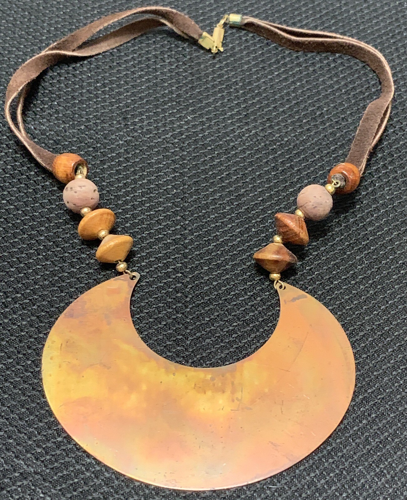 Vintage Artisan Solid Brass Metal Half Moon Collar Necklace Suede & Wood Beads