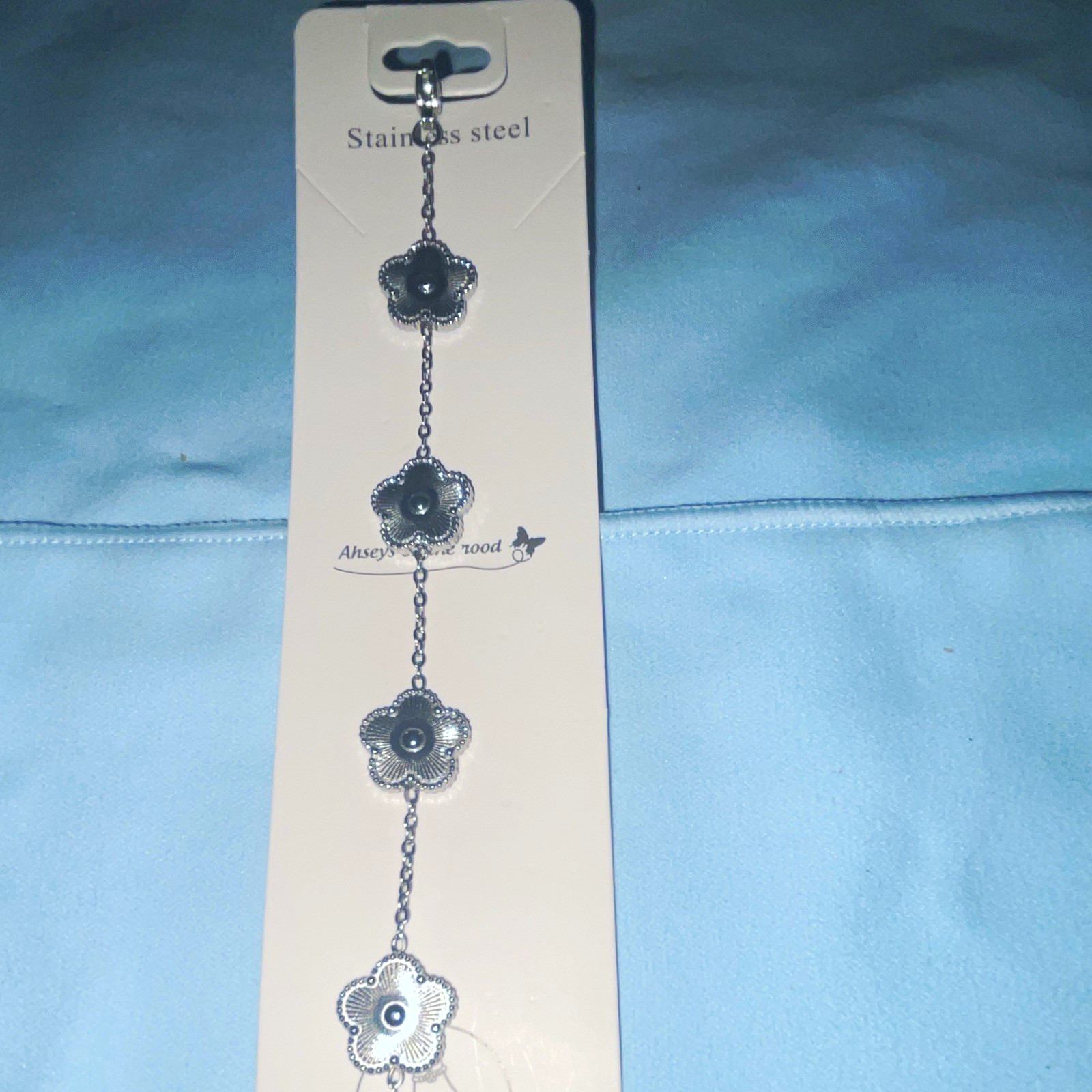 Silver Tone Stainless Steel Cable Chain Flower Dangle Charm Bracelet, Adjustable