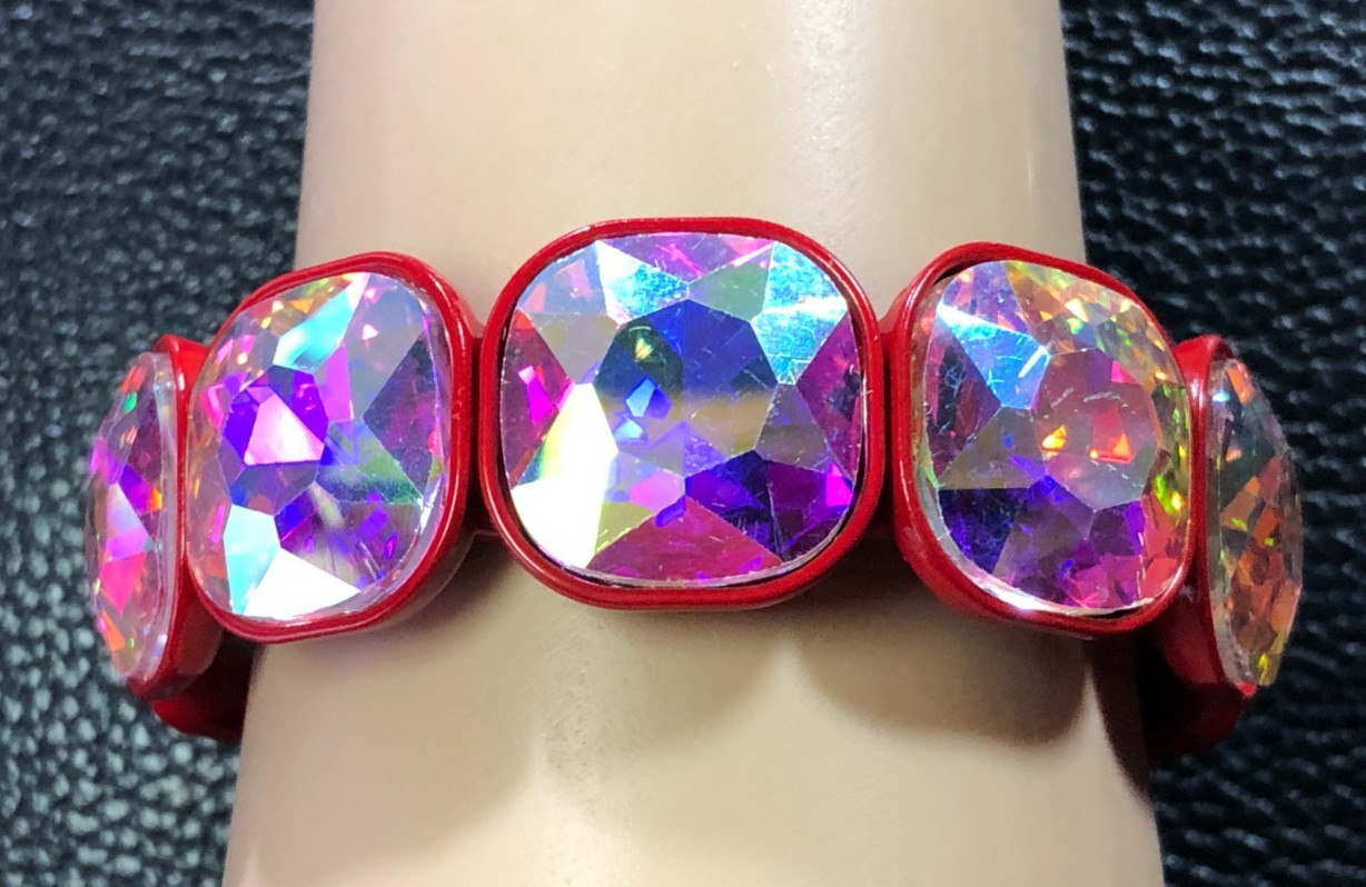 AB Crystal Rhinestone Stretch Bracelet RED Enamel Aurora Borealis 18mm Wide 8200