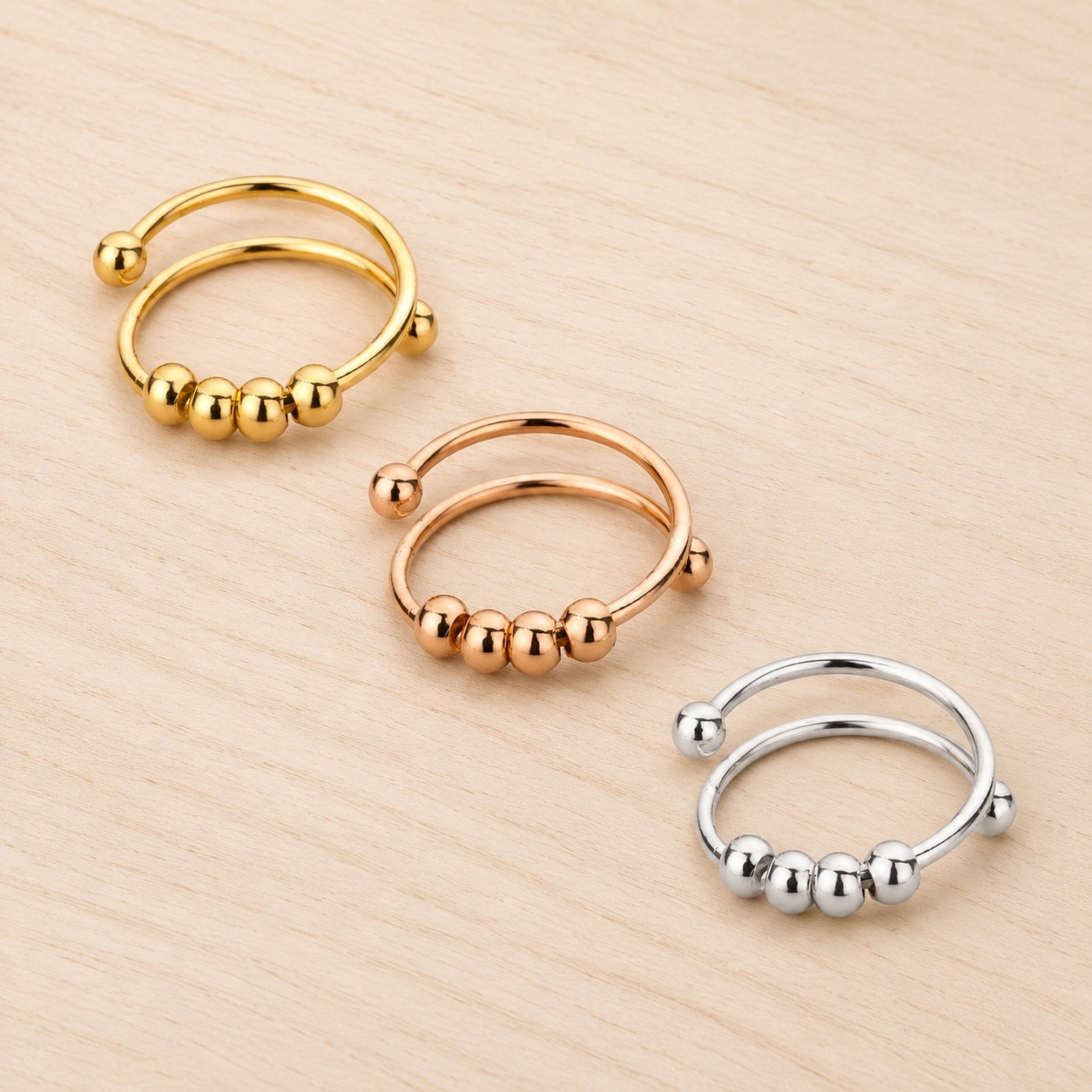 Cuff Ring Stainless Steel Rose Gold Round Beaded Spinner Adjustable Silver R260