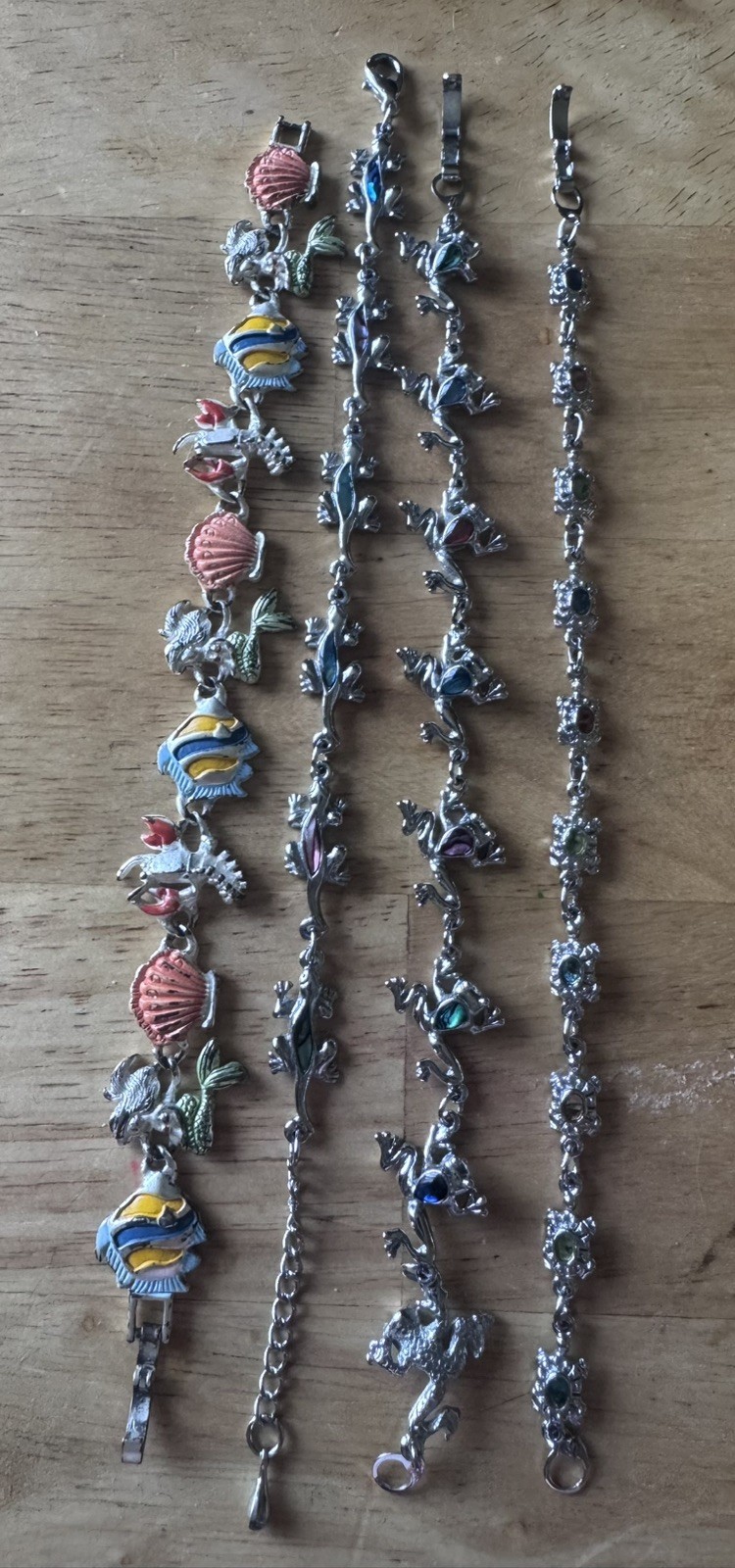 Turtle Lizard Frog Mermaid Bracelet Abalone Shell Silver Tone Link Coastal Beach