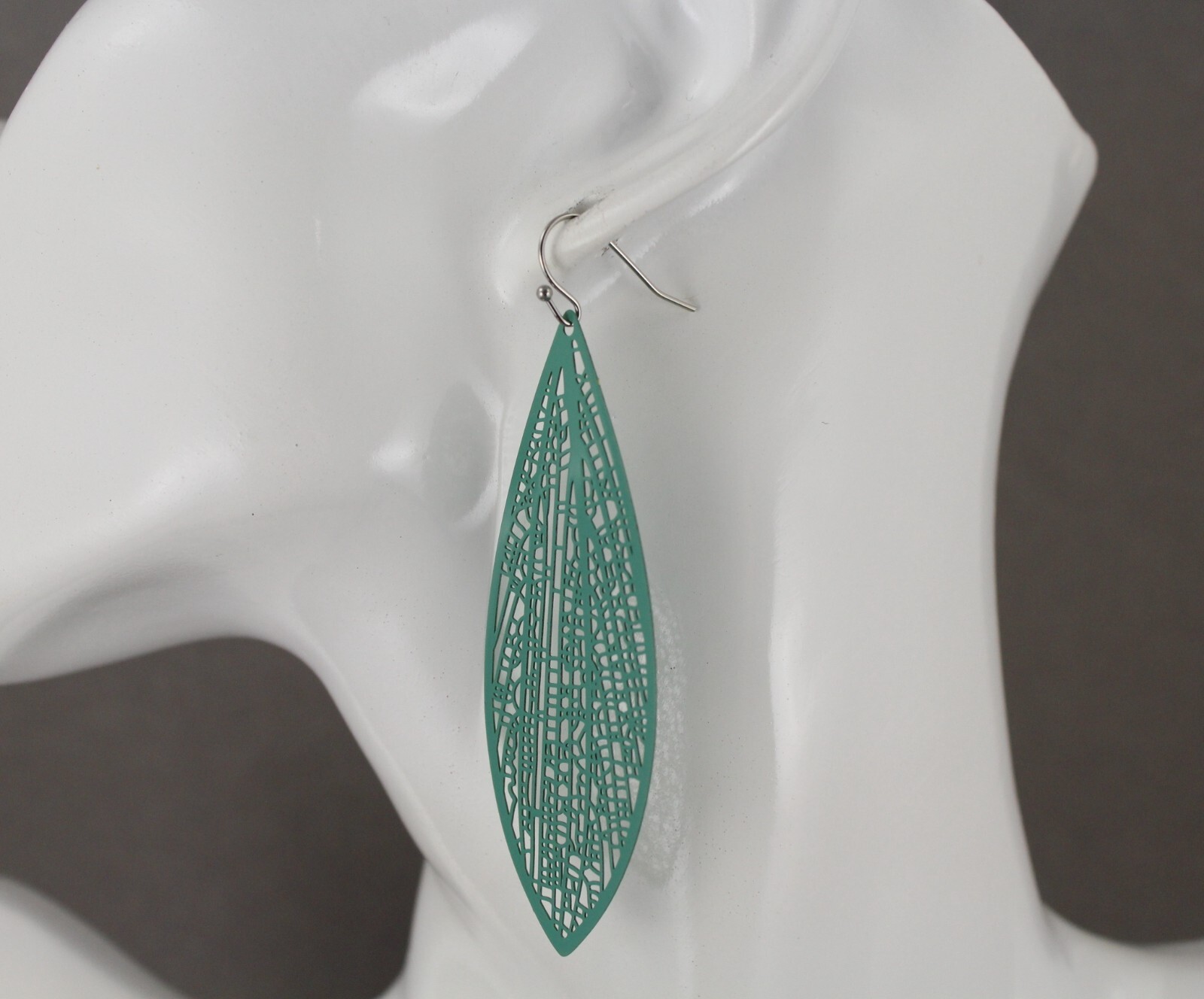 Teal Green earrings teardrop dangle VERY lightweight filigree 3″ long oval leaf