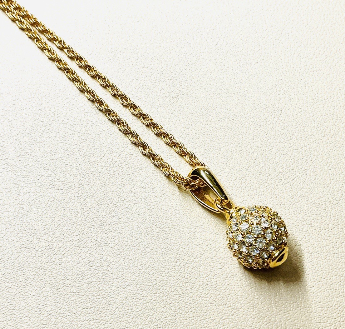 Crystal Encrusted Ball Pendant Orb Sphere Gold Tone Long Necklace Rope Chain 24”