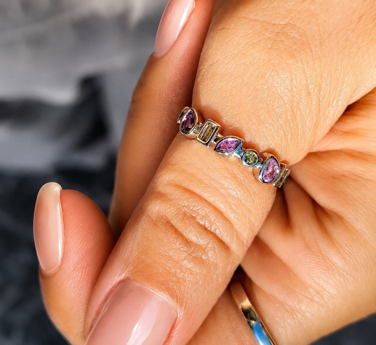 Silver Tone Eternity Band Ring Purple & Green Gemstones Adjustable Stackable