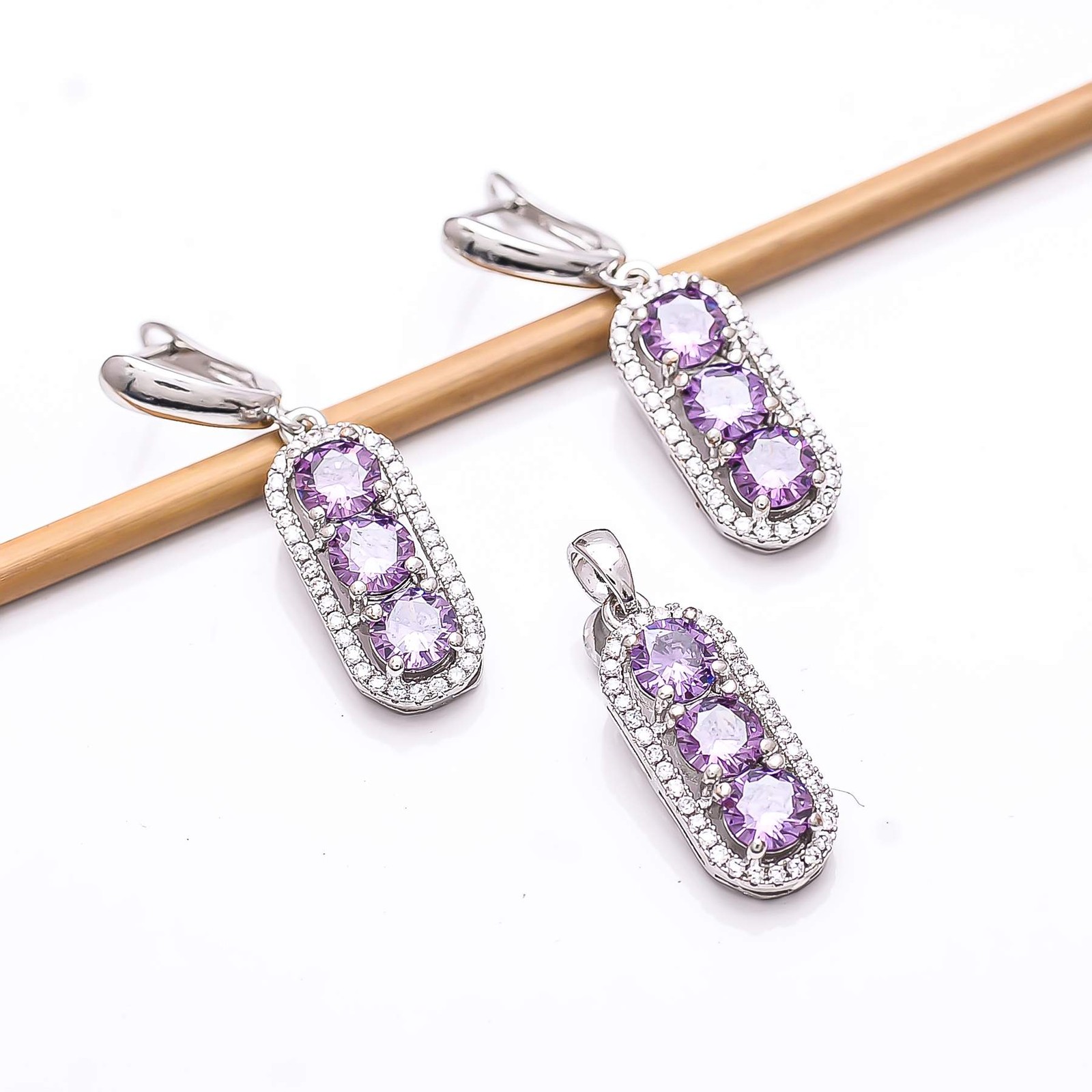 Purple Amethyst & CZ Gemstone 925 Sterling Silver Pendant Earring Set PS81814