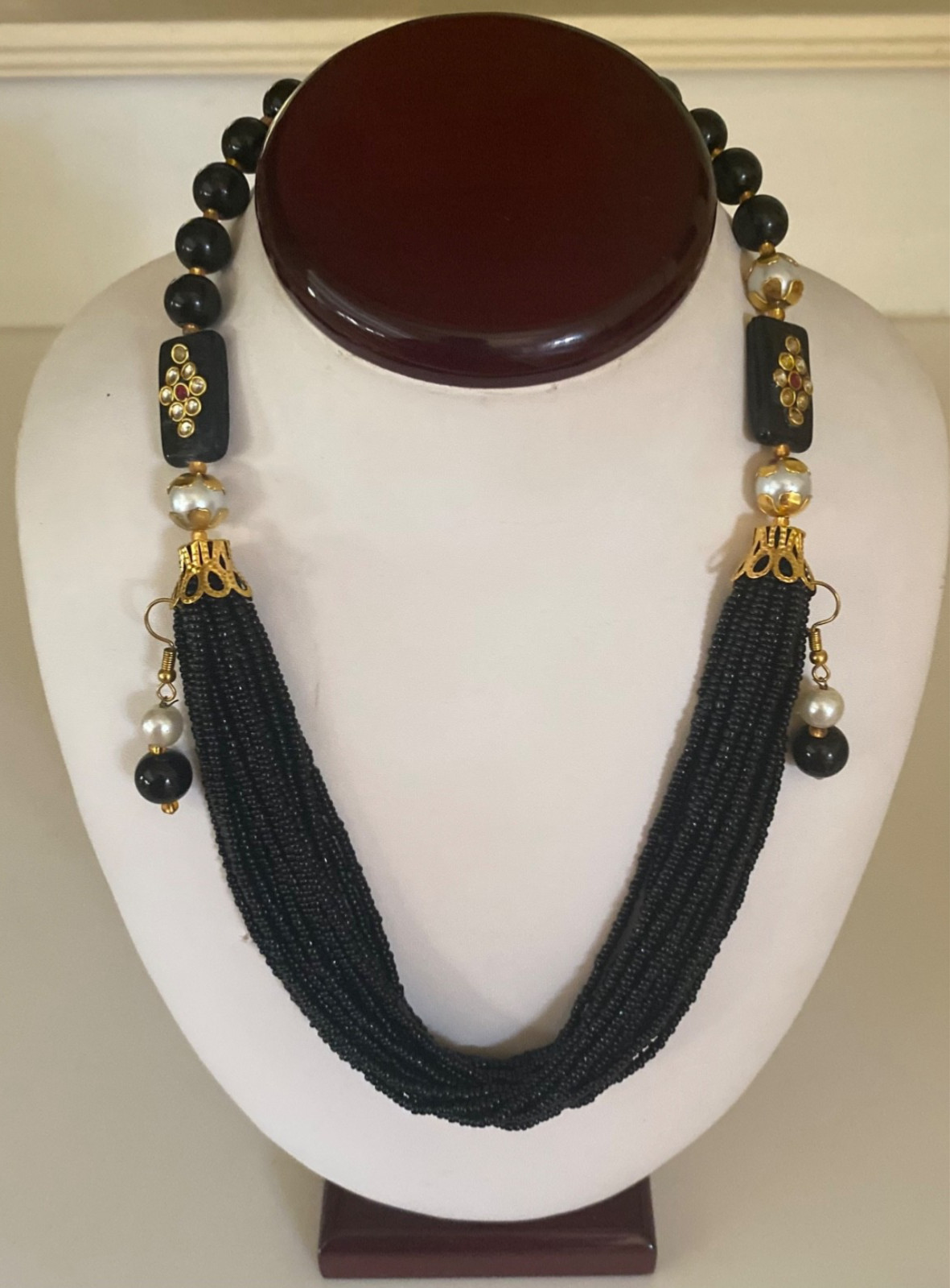 Handmade Royal Kundan Black Bead Necklace Pearl Earring Bollywood Jewelry Set
