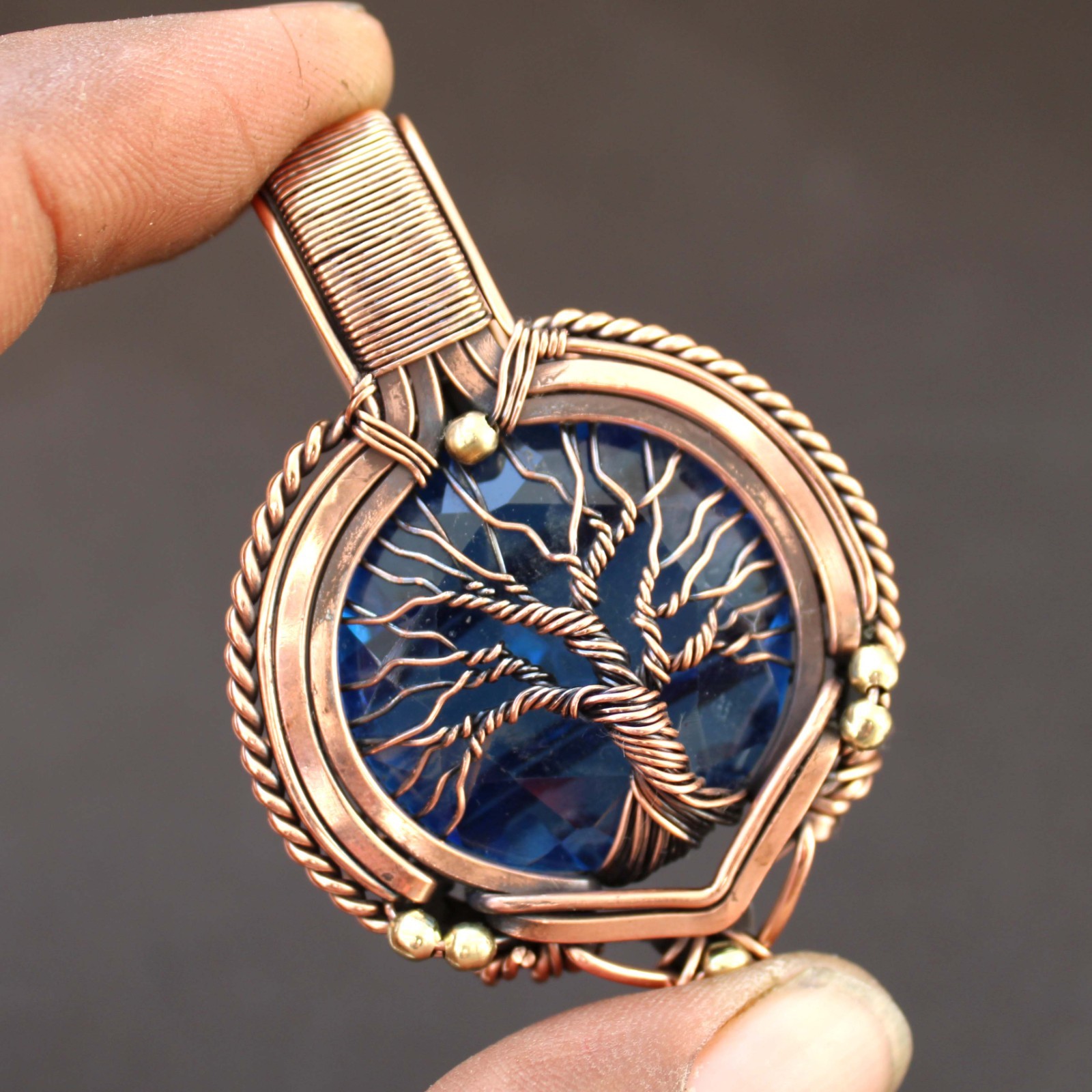 Blue Topaz Copper Wire Wrapped Tree Of Life Pendant With Chain Handmade Jewelry