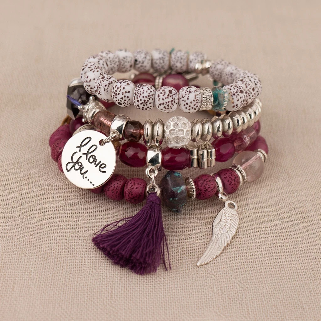 Boho Multi Layer Beaded Bracelet Love Wing Tassel Charm Women Jewelry