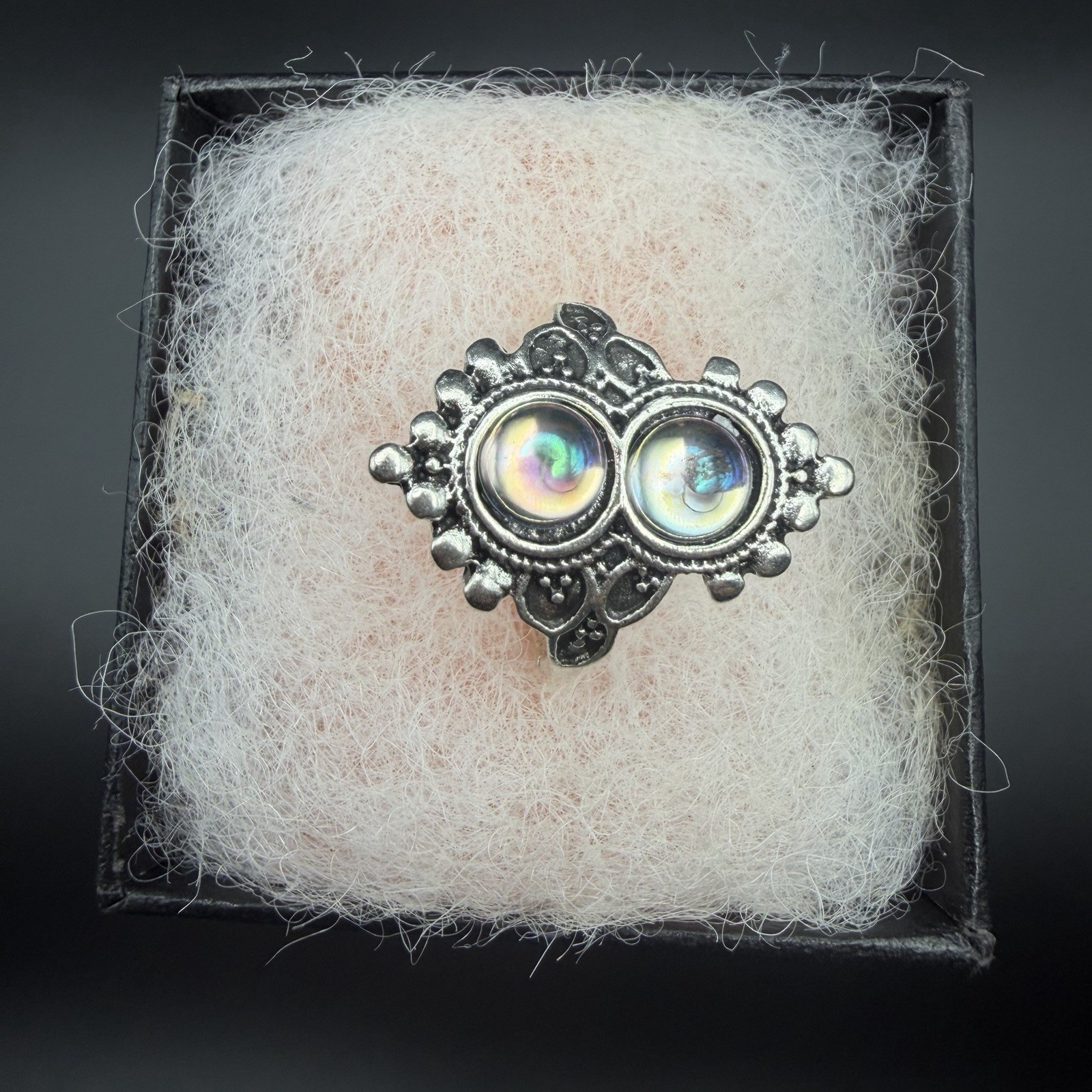 Boho Ring Magical Iridescent 2 Round Moonstone Gems Royal Ring Silver Tone Sz 7