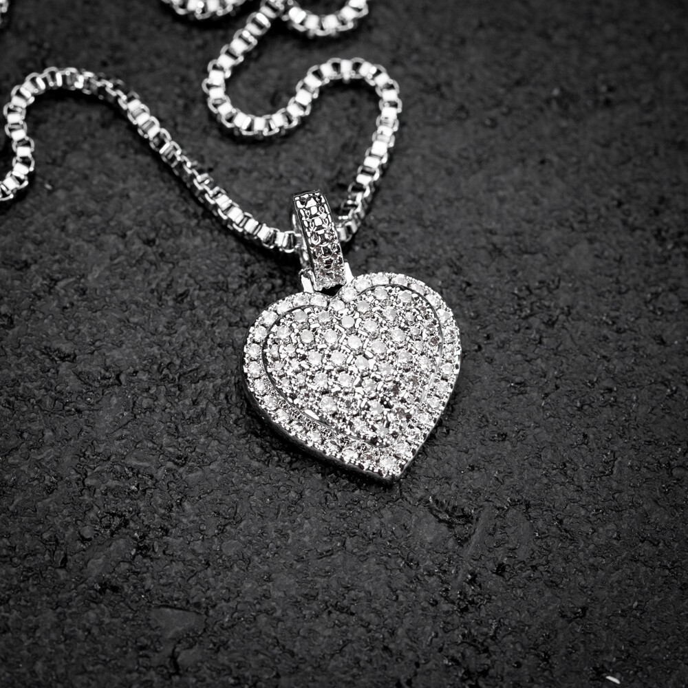 Small Iced Cz Mini Women’s White Gold Plated Heart Shaped Pendant Necklace