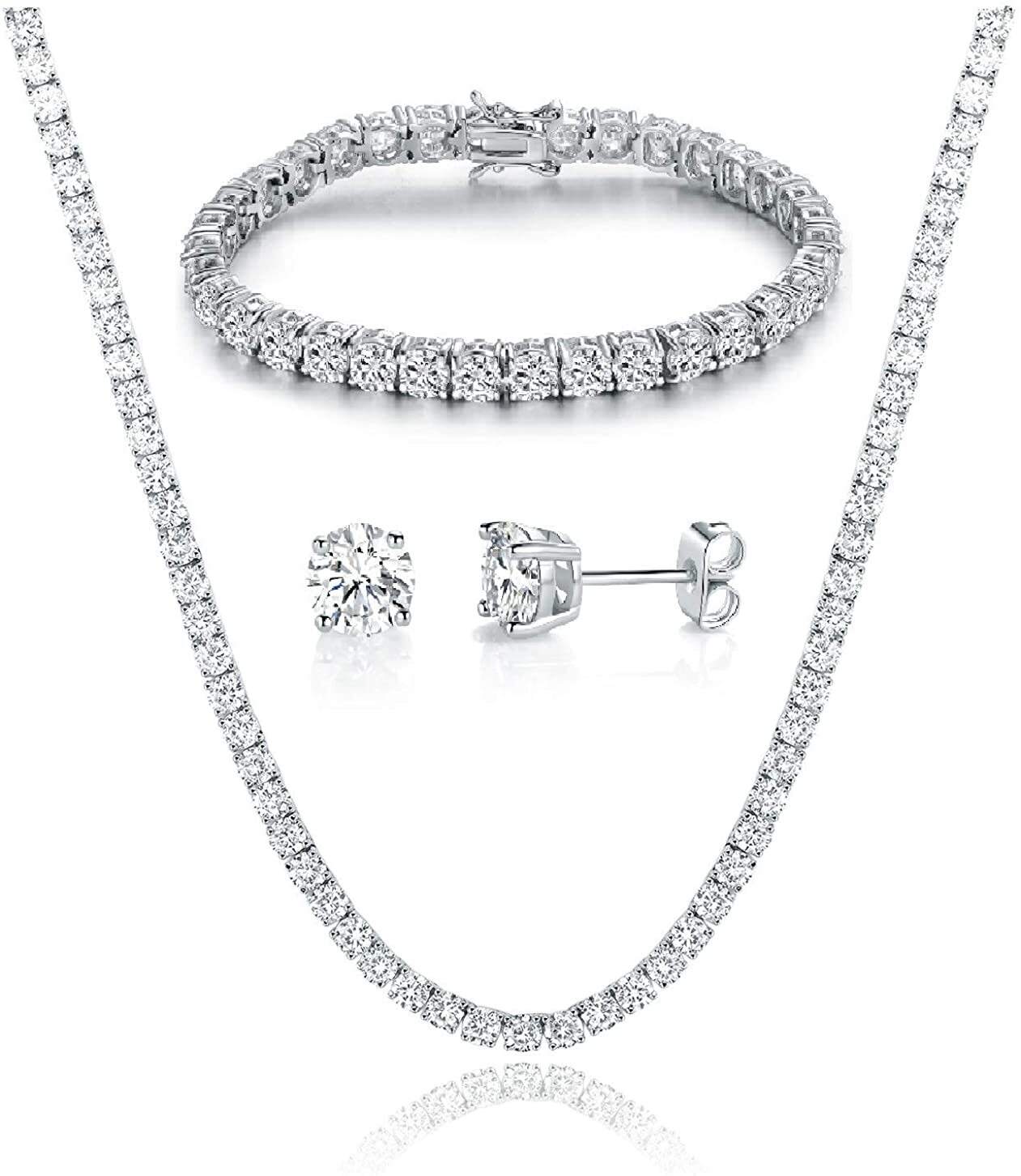 SET OF 3 Real 925 Sterling Silver 1 Row 4mm CZ Tennis Necklace/Bracelet/Earring