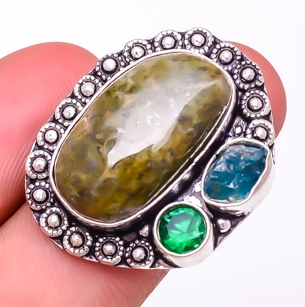 Natural Unakite & Kyanite Rough 925 Silver Plated Jewelry Ring s.5.5 LR-8804