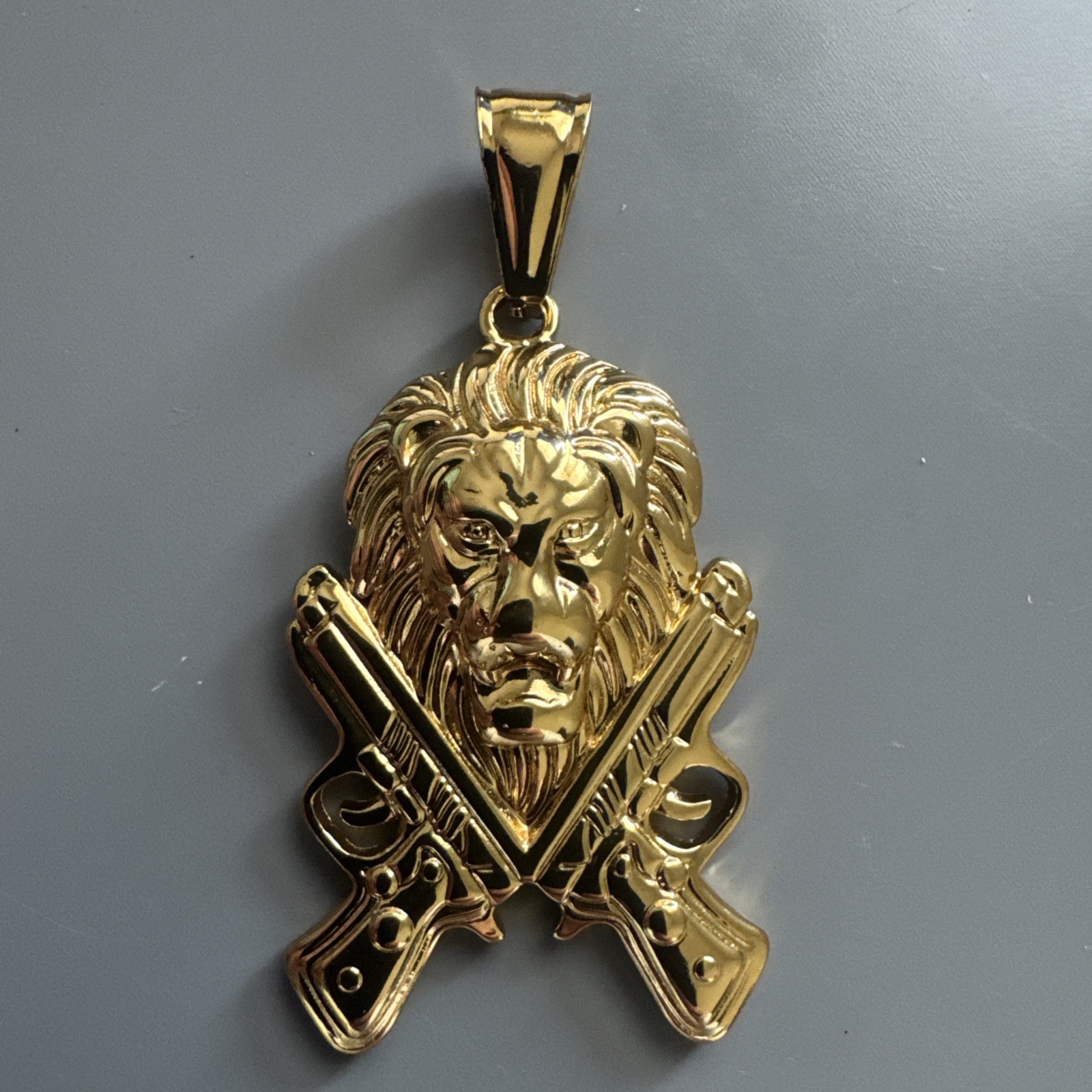 Double Gun Lion Tiger Pendant Stainless Steel 24 Inch Chain Gold Hunter Hip Hop