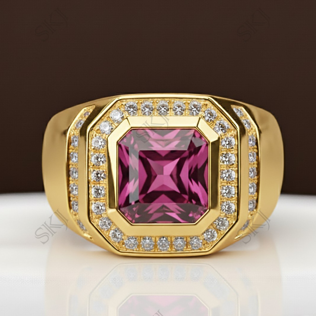 MEN GOLD PINK TOURMALINE AND DEMANTOID RING ALL SIZE AVAILABLE FOT HIM