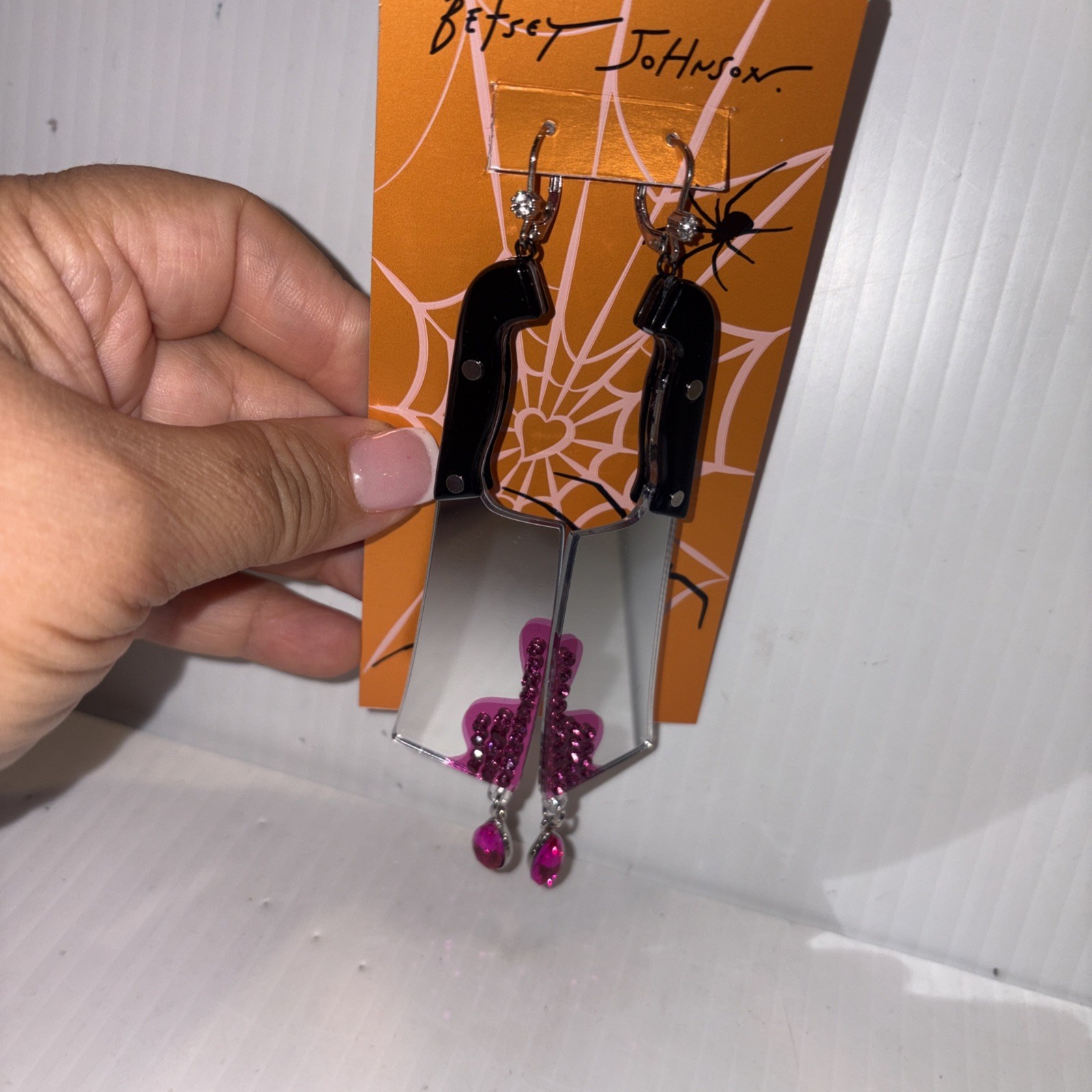 Betsey Johnson Black Handle Cleaver Drop Earrings Crystal Accents For Blood NWT