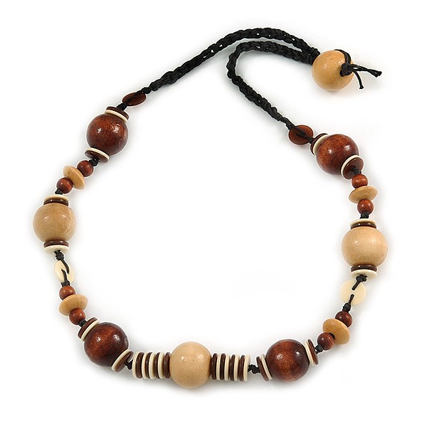 Stylish Brown/ Natural Wood and Acrylic Bead With Black Cotton Cord Necklace –