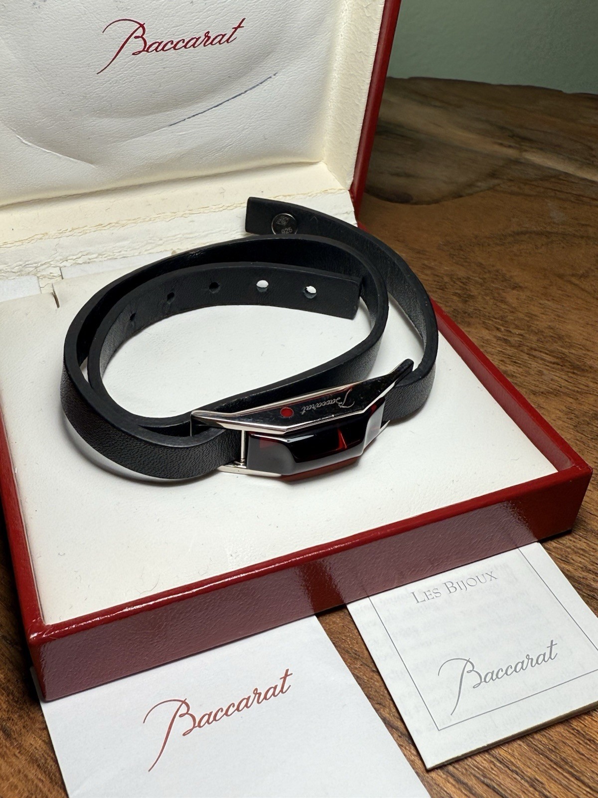 BACCARAT RED CRYSTAL LEATHER CABLE DOUBLE WRAP BRACELET AND S.S .925 / 6.5-7.5”