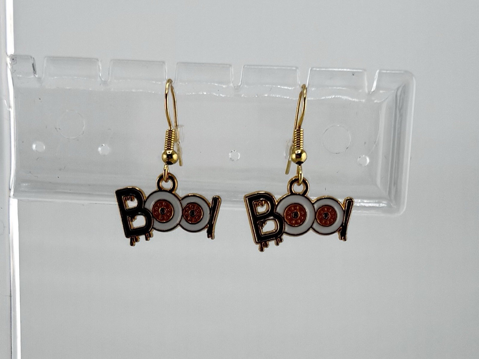 Gold Tone Enamel Boo! Dangle Drop Hook Earrings Black White Halloween