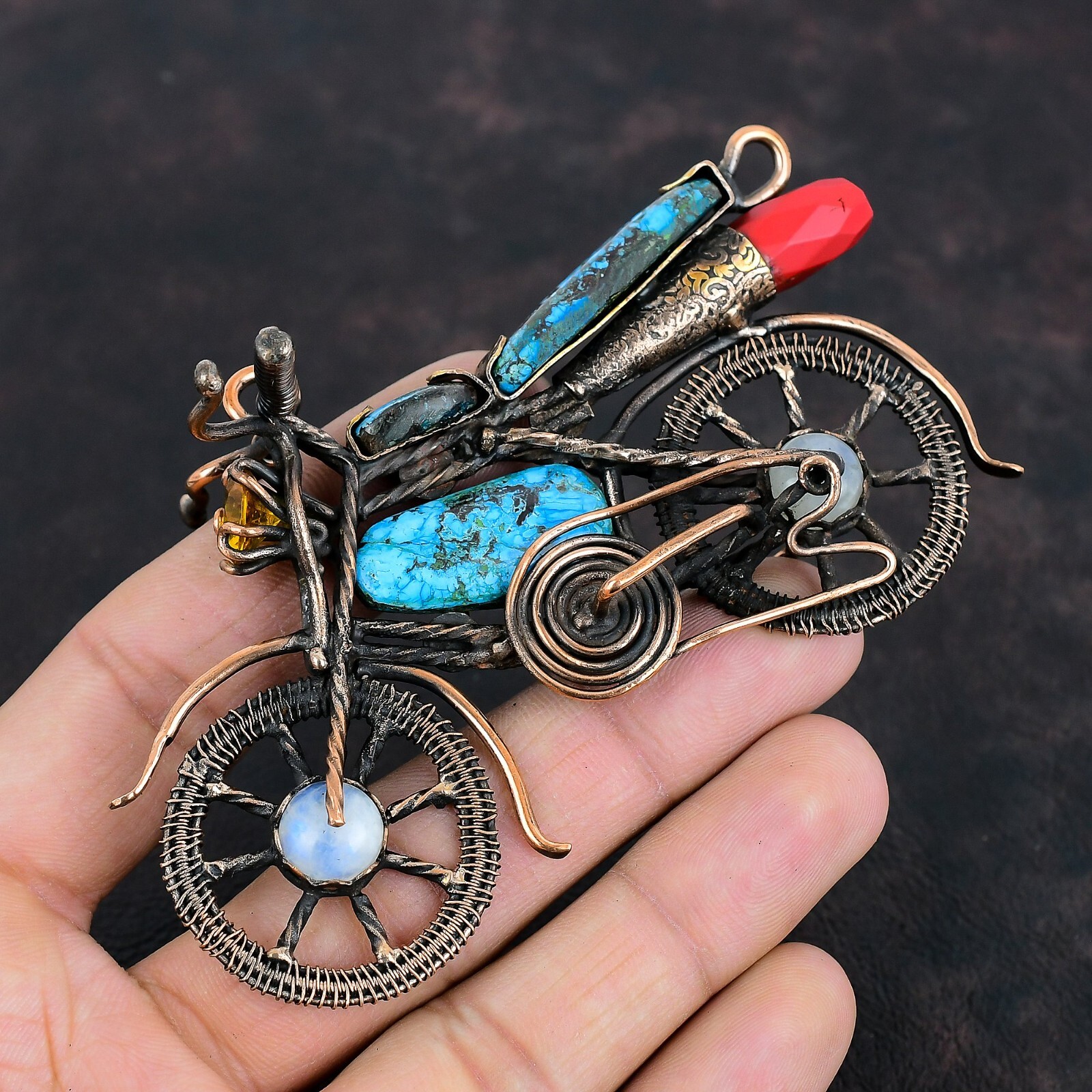 Tibetan Turquoise Copper Gift For Friend Wire Wrapped Vintage Bike Pendant 2.64″