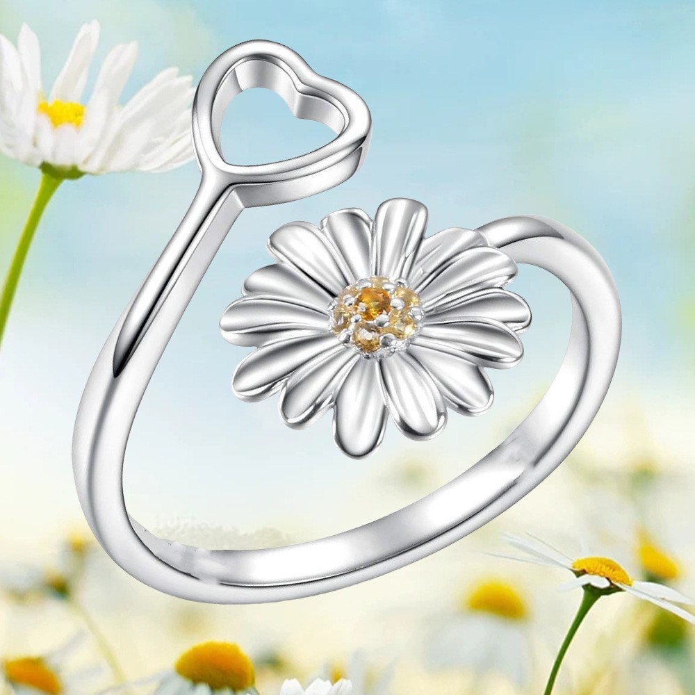 Elegant Daisy Flower Heart Ring Women’s Fashion Adjustable Opening Ring Alloy