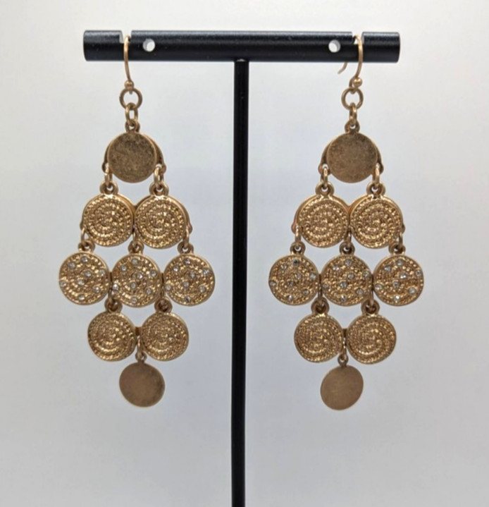 Sparkly Faux Crystal Gold-tone Swirl Circles Chandelier Dangle Drop Earrings