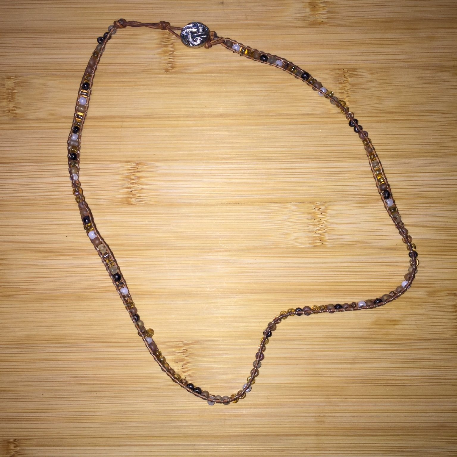 Boho Wrap Beaded Necklace Acrylic Brown Cord Silver Tone Button Vintage