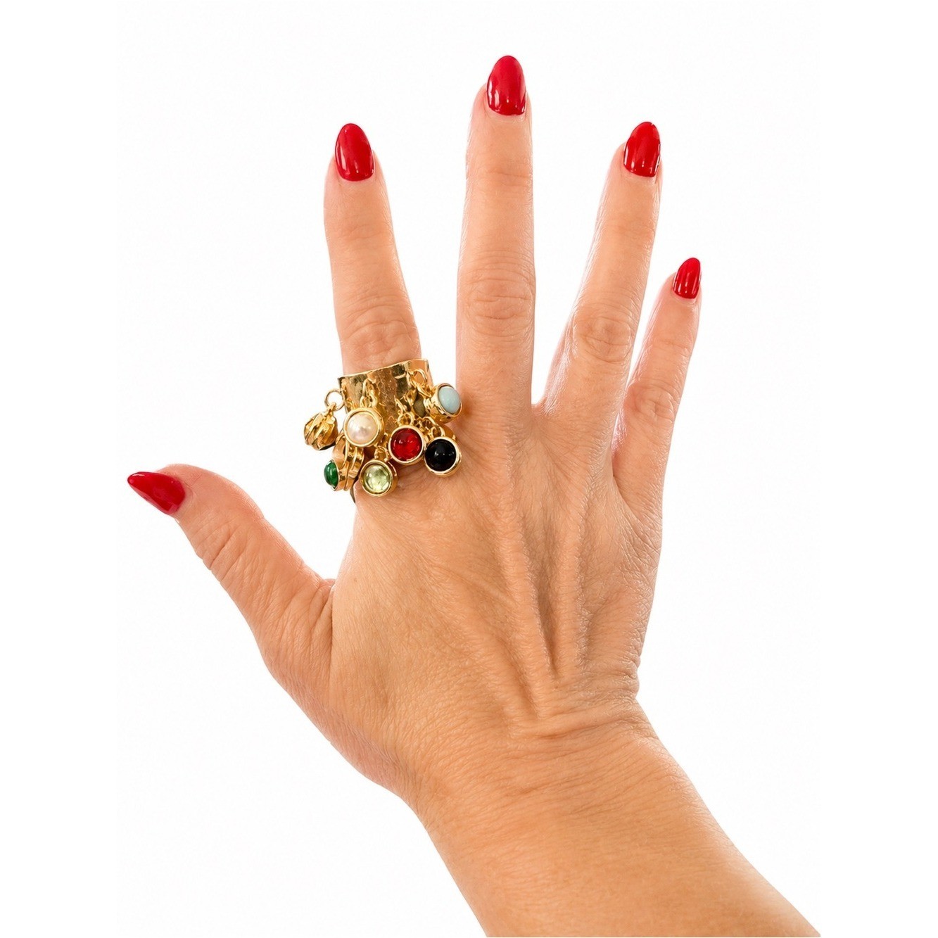 New Gold Tone Multi-Cabochon Charm Statement Ring – Adjustable Boho Cocktail