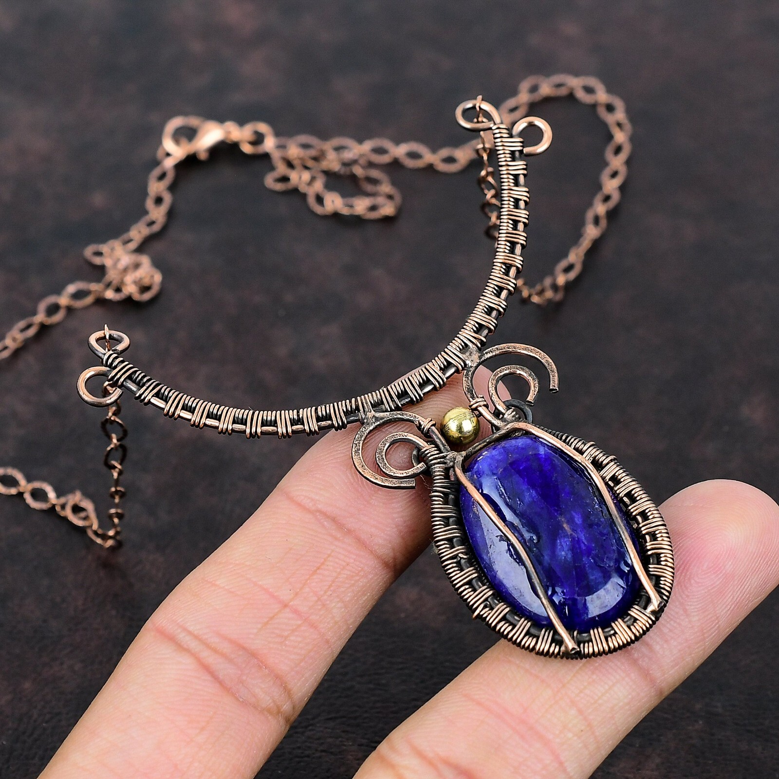 Blue Saphire Wire Wrapped Adjustable Handcrafted Copper Unique Gift 18.0″