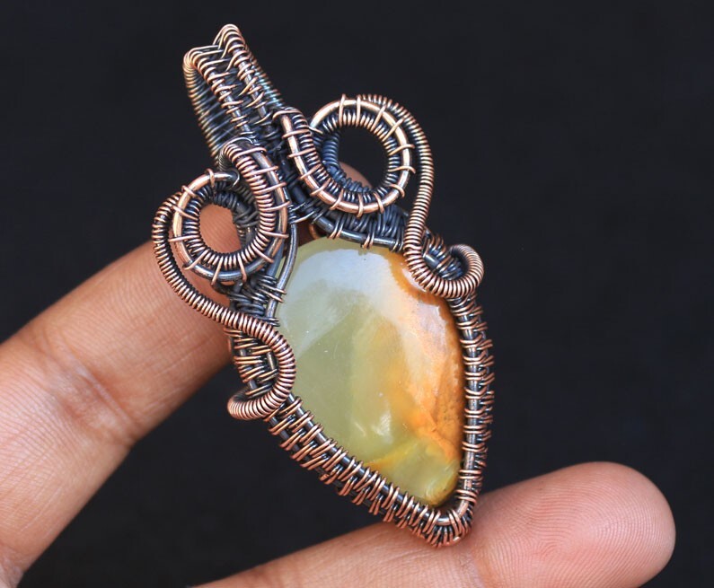 Wedding Gift Copper Pendant Lemon Agate Gemstone Wire Wrap Jewelry Oxidize N244