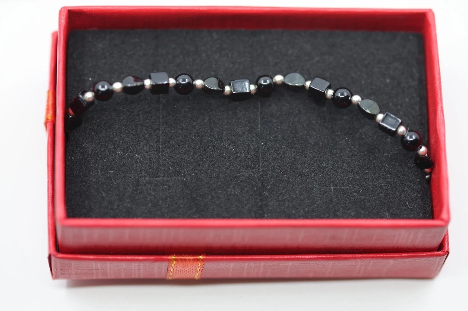 Sterling Silver Black Onyx Beaded Bracelet 7 Inch Geometric Beads 925 Boxed