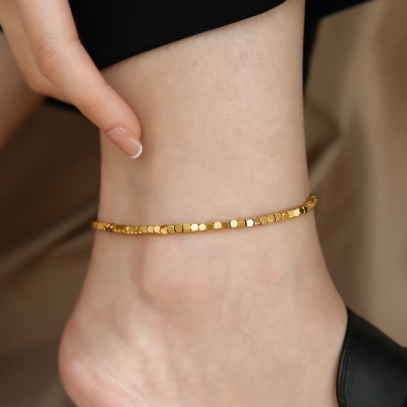 Woman 18K Gold Plated Stainless Steel Luck Bead Cube Beans Chain Anklet Bangle