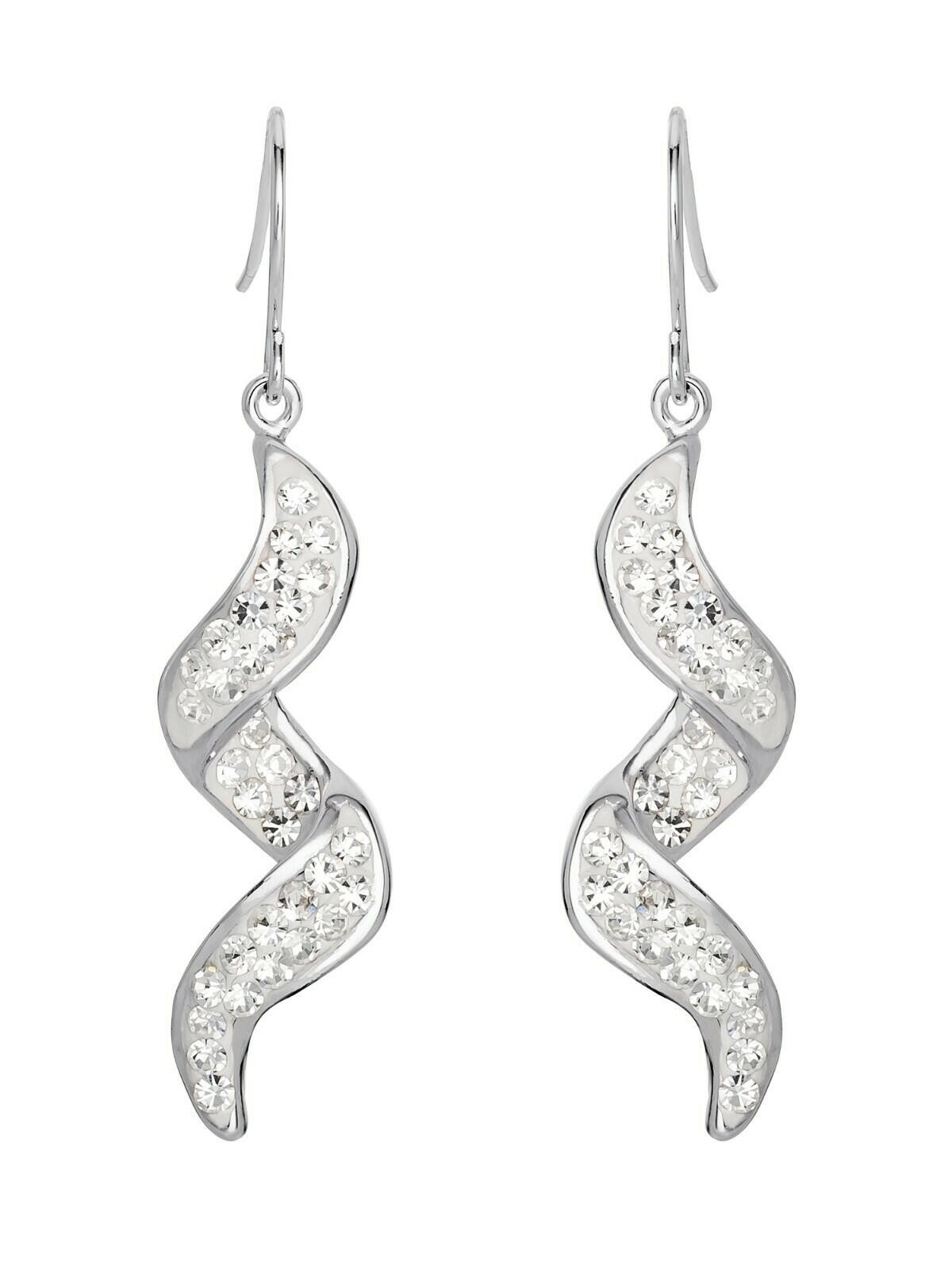 Fine Silver Plated Brass Clear Crystal Corkscrew Dangle Earring