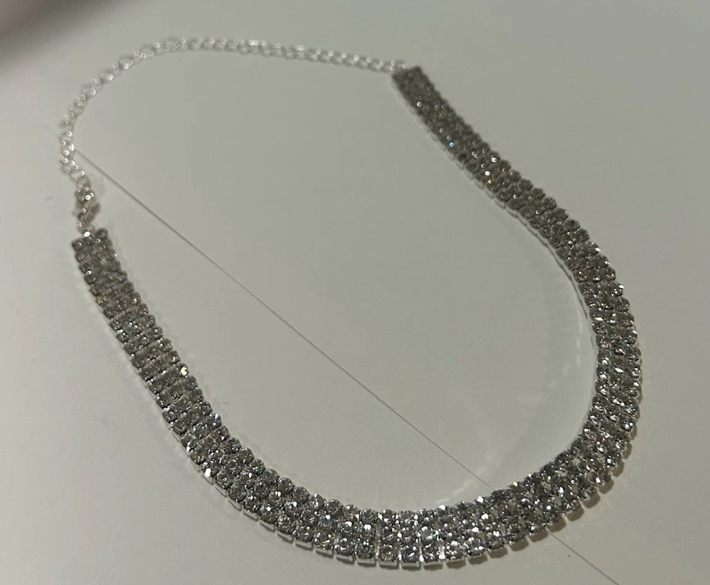 Iced Out CZ Tennis Necklace Silver Plated Adjustable 11.5-18in Chain