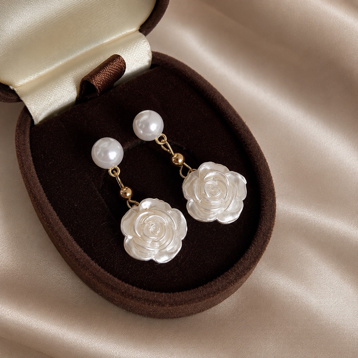 18K Gold Plated Pearl Camellia Flower Drop Earrings Camellia Dangle Earrings A20