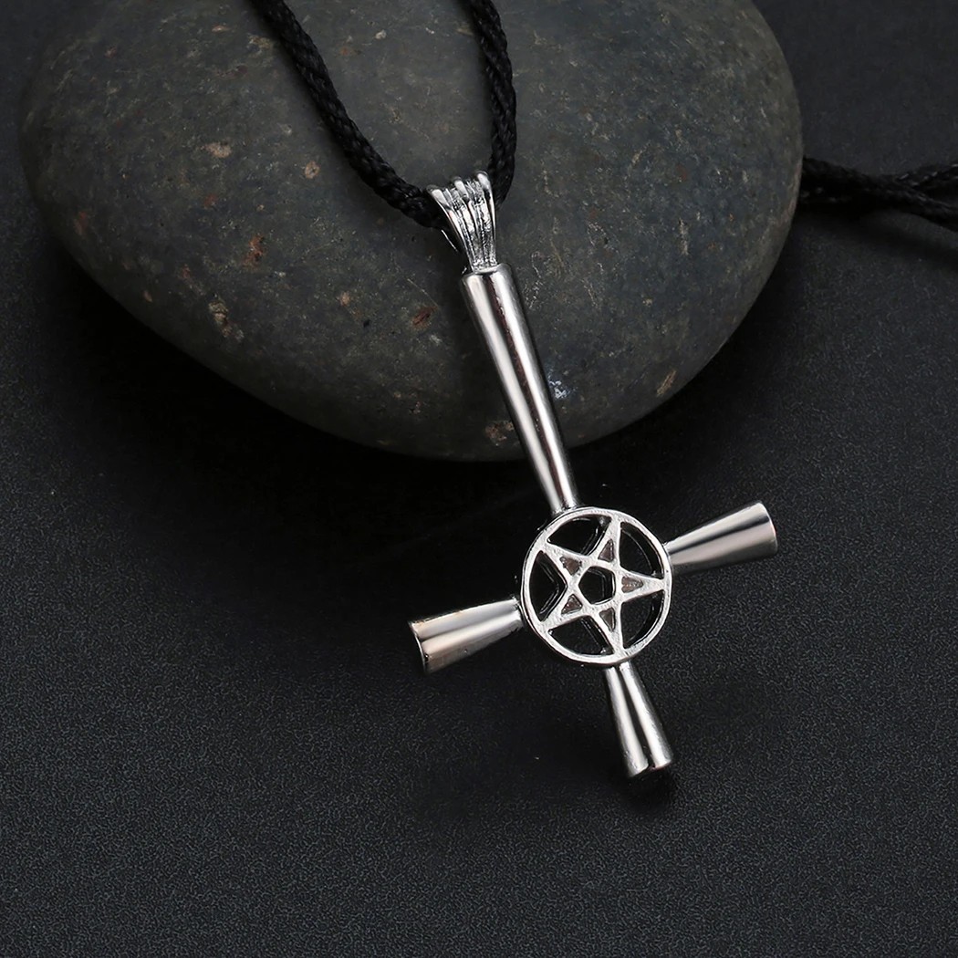 Inverted Cross Pentacle Pentagram Star Silver Pendant Necklace Satanic Religious