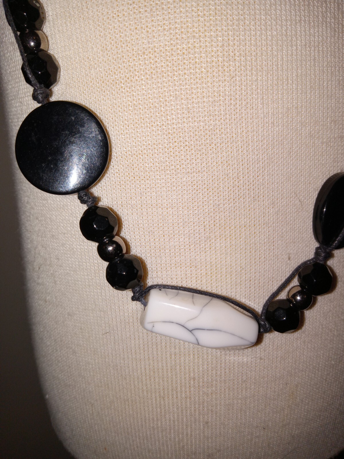 35-Inch Black White Silver Beaded Necklace