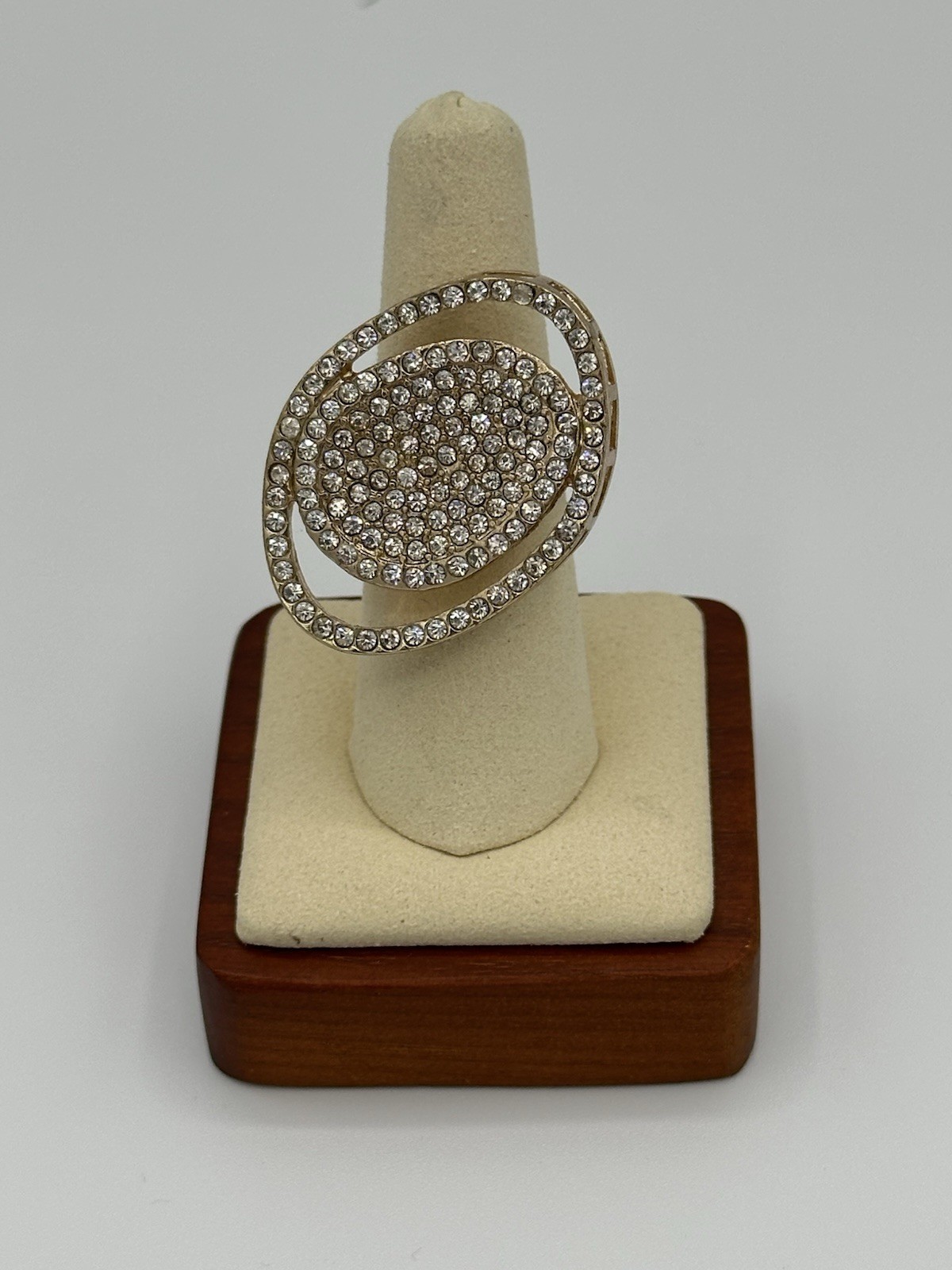 Statement Gold Tone Stretch Cocktail Ring Pave Rhinestones Cluster Oval Bling