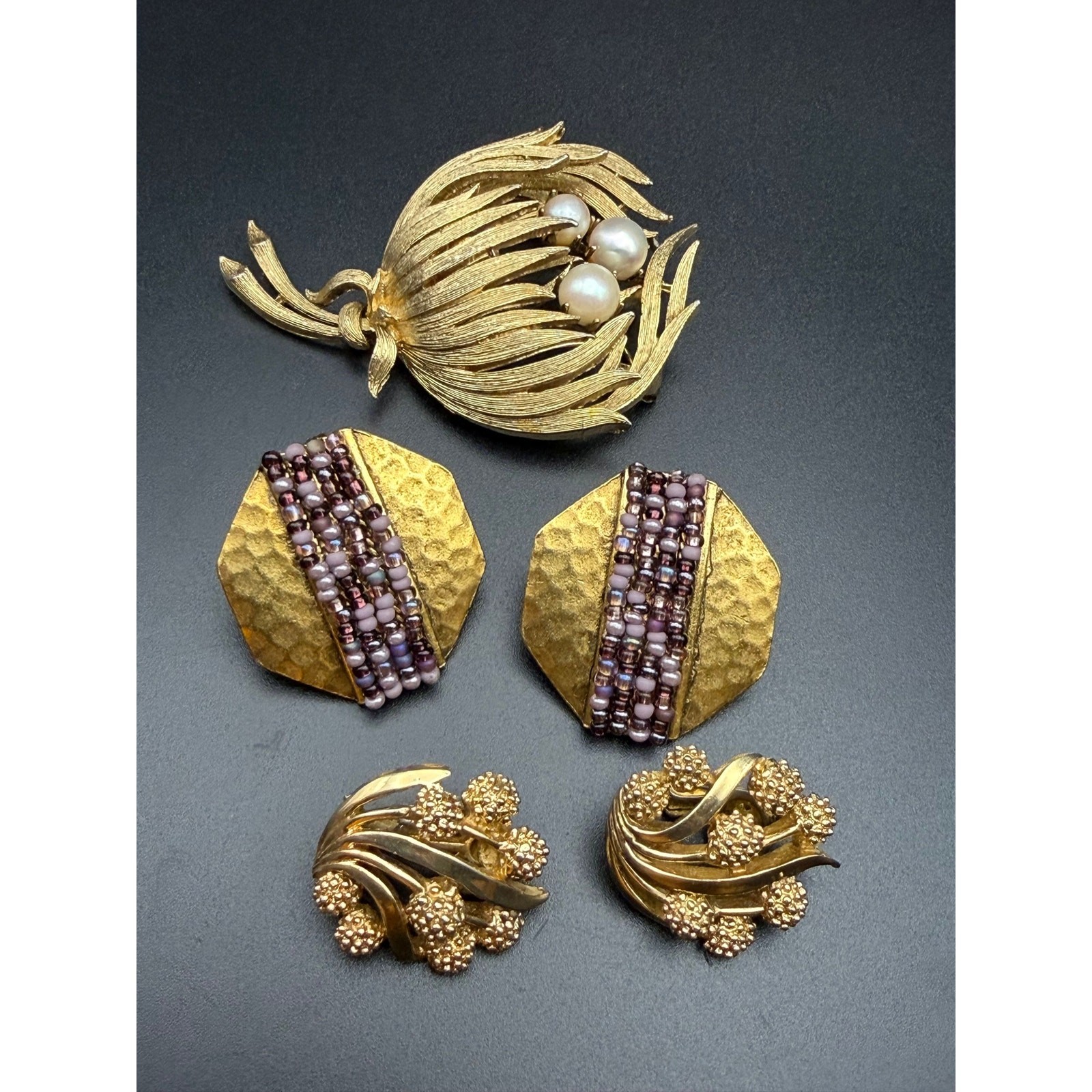 Lot Lisner Faux Pearl Brooch Crown Trifari Mimosa Earrings, Cat Stimmel Earrings